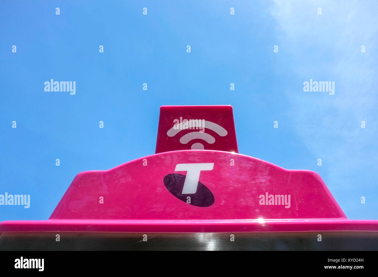 The top of a Telstra public phone booth, which double as a Wi Fi hot spot. Stock Photo