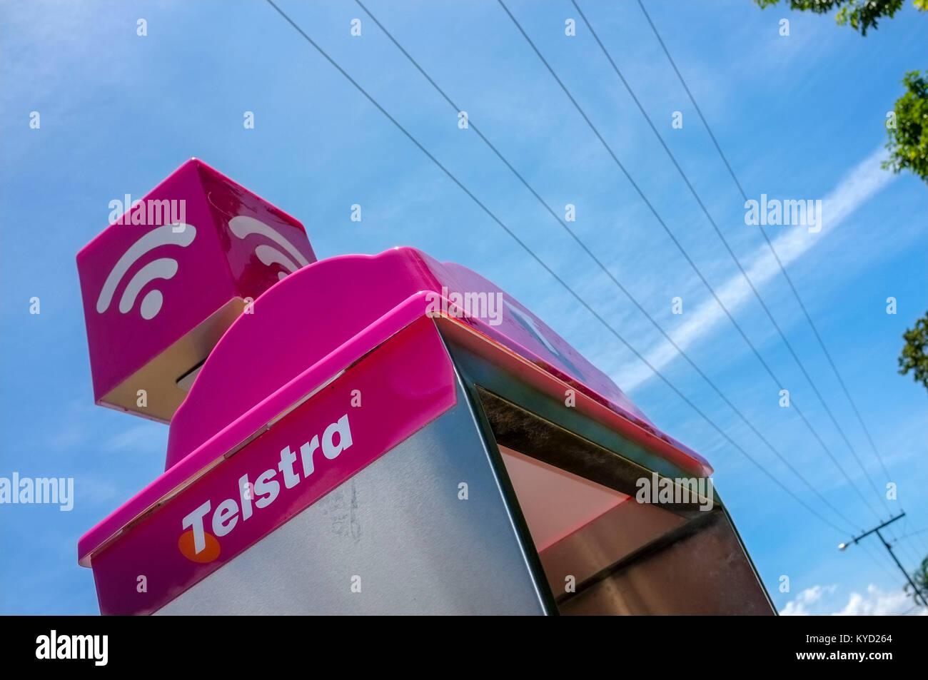 The top of a Telstra public phone booth, which double as a Wi Fi hot spot. Stock Photo