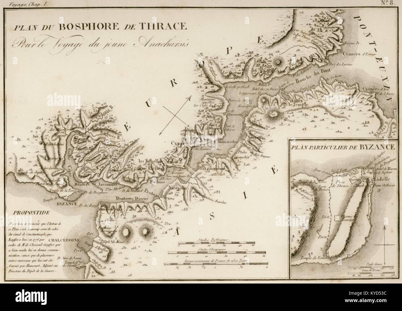 Plan du Bosphore de Thrace pour le voyage du jeune Anacharsis, (inset) Plan  Particulier du Byzance - Jean-Jacques Barthélemy - 1832 Stock Photo - Alamy
