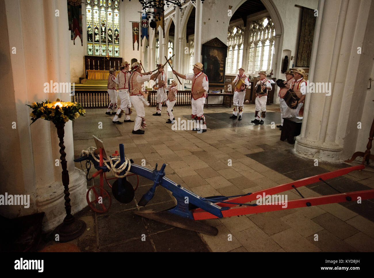 Plough Sunday, Thaxted Essex UK. 14 January 2018.  Thaxted Morris Men perform a ploughing dance in Thaxted parrish Church onPlough Sunday which is a traditional English celebration of the beginning of the agricultural year that has seen some revival over recent years. Plough Sunday celebrations usually involve bringing a ploughshare into a church with prayers for the blessing of the land. Accordingly, work in the fields did not begin until Plough Monday. Credit: BRIAN HARRIS/Alamy Live News Stock Photo