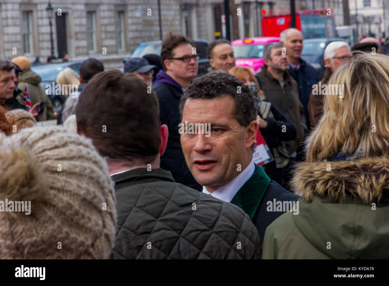 Downing Street, Westminster, London, UK. 14th Jan, 2018. Former UKIP member Steven Woolfe addresses a group of Pro Brexit supporters opposite the gates of Downing street. A lone remain supporter attempted to disrupt the meeting. Credit: Alan Fraser/Alamy Live News Stock Photo