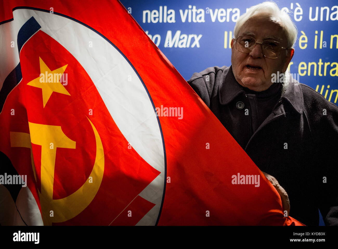 Naples, Italy. 14th Jan, 2018. A nostalgic of Communism time is seen during the public debut of a new political reality in Naples and the whole country: Power to People is a civic list formed by young students, workers, precarious, unemployed, unionists and former activists and communists. Credit: Claudio Menna/SOPA/ZUMA Wire/Alamy Live News Stock Photo
