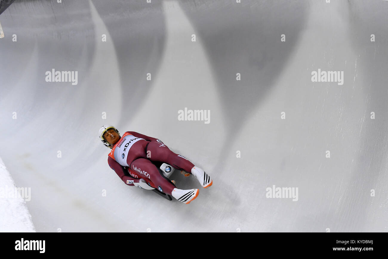 Oberhof, Germany. 14th Jan, 2018. The 2-seaters Andris and Juris Sics of Latvia in action during the team relay event at the Luge World Cup in Oberhof, Germany, 14 January 2018. Credit: Martin Schutt/dpa-Zentralbild/dpa/Alamy Live News Stock Photo