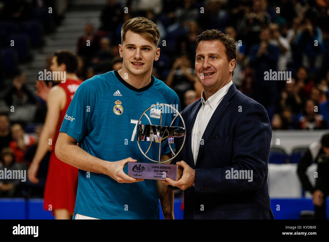 Recives the MVP trophy for the best player od DecemberLuka Doncic (Real Madrid Baloncesto). ACB LIGA ENDESA match between Real Madrid Baloncesto vs Baloncesto Fuenlabrada at the WiZink Center stadium in Madrid, Spain, January 14, 2018 . Credit: Gtres Información más Comuniación on line, S.L./Alamy Live News Stock Photo