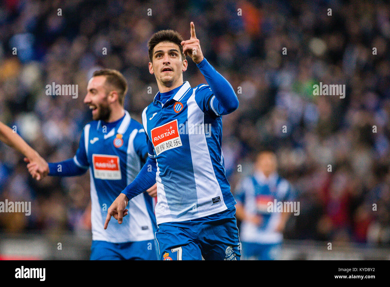 RCD Espanyol forward Gerard Moreno (7) celebrates scoring the goal during  the match between RCD Espanyol v Athletic Club, for the round 19 of the  Liga Santander, played at RCDE Stadium on