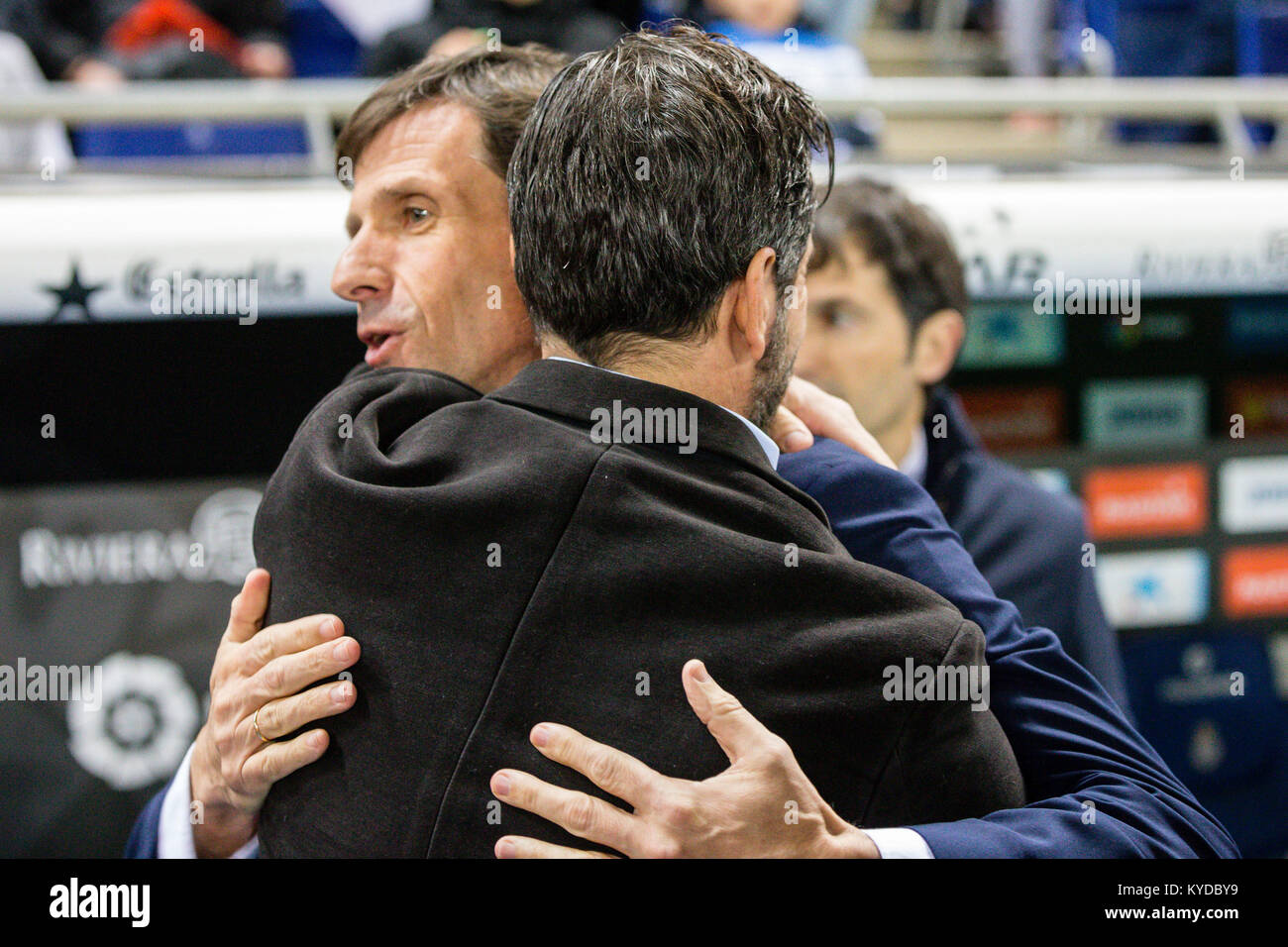 RCD Espanyol coach Quique Sanchez Flores and Athletic Club coach Jose Angel 'Kuko' Ziganda during the match between RCD Espanyol v Athletic Club, for the round 19 of the Liga Santander, played at RCDE Stadium on 14th January 2018 in Barcelona, Spain. Stock Photo