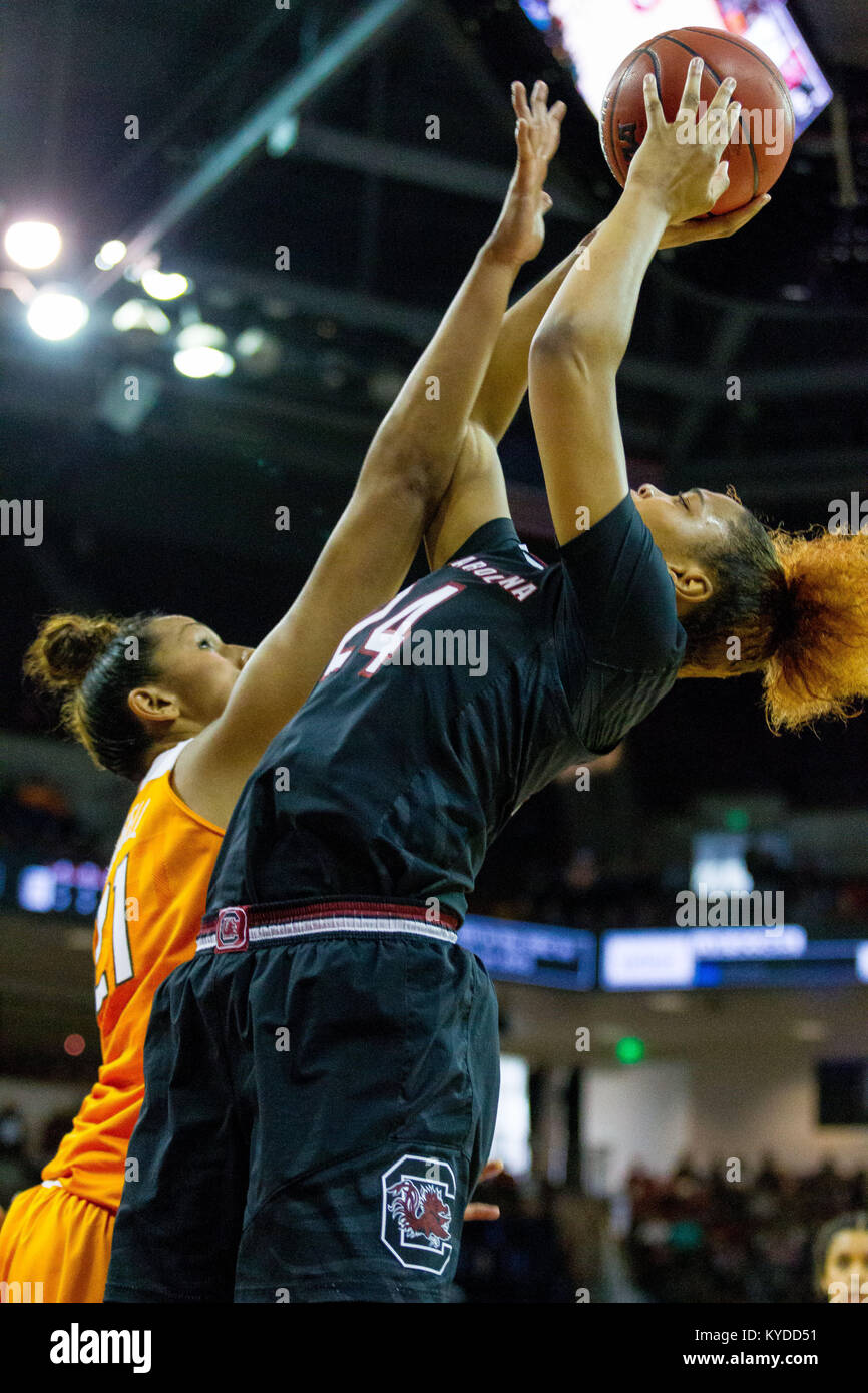 Columbia, SC, USA. 14th Jan, 2018. Tennessee Lady Volunteers center Mercedes Russell (21) defends South Carolina Gamecocks guard/forward Lele Grissett (24) in the SEC Womens Basketball matchup at Colonial Life Arena in Columbia, SC. (Scott Kinser/Cal Sport Media) Credit: csm/Alamy Live News Stock Photo