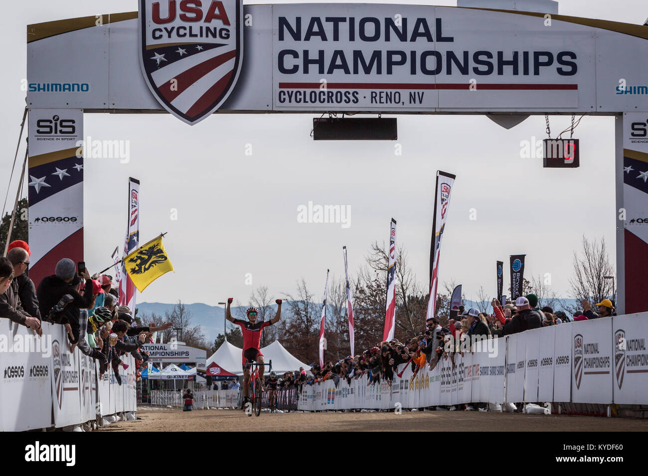 Reno, Nevada, USA. 14th Jan, 2018. CHRISTOPHER BLEVINS celebrates his U23 USA Cycling Cyclocross National Championships at Rancho San Rafael Park in Reno, Nevada, on Sunday, January 14, 2018. Blevins won with a time of 52:38, six seconds in front of second place racer, Eric Brunner. Credit: Tracy Barbutes/ZUMA Wire/Alamy Live News Stock Photo