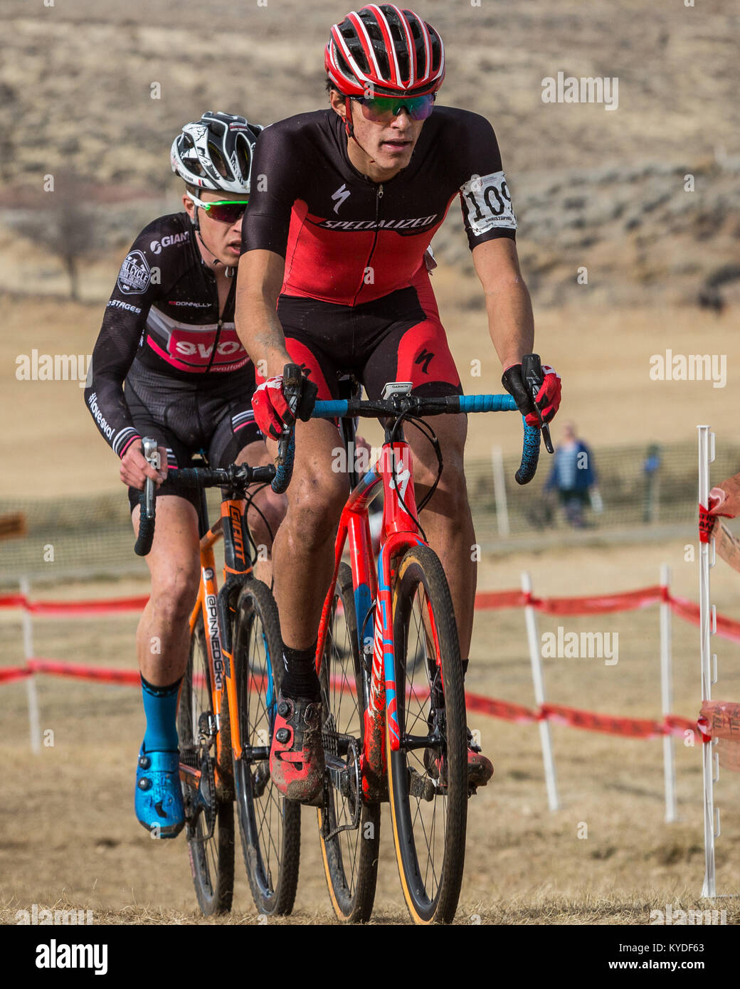 Reno, Nevada, USA. 14th Jan, 2018. CHRISTOPHER BLEVINS holds a tight lead over ERIC BRUNNER during the Men's U23 USA Cycling Cyclocross National Championships at Rancho San Rafael Park in Reno, Nevada, on Sunday, January 14, 2018. Blevins and Brunner exchanged leads throughout the race, with Blevins taking victory in 52:38, six seconds in front of Brunner. Credit: Tracy Barbutes/ZUMA Wire/Alamy Live News Stock Photo