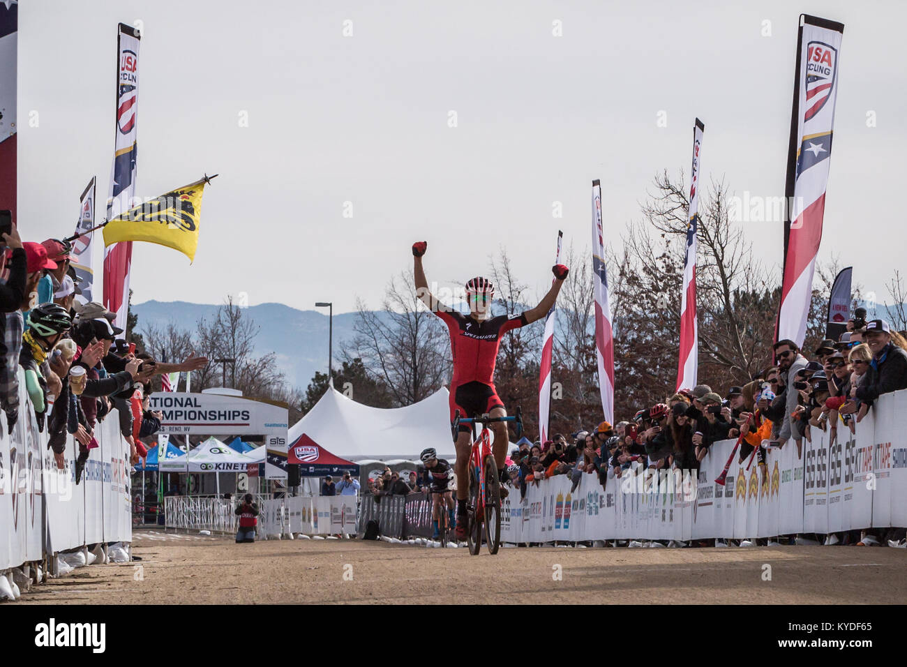 Reno, Nevada, USA. 14th Jan, 2018. CHRISTOPHER BLEVINS celebrates his U23 USA Cycling Cyclocross National Championships at Rancho San Rafael Park in Reno, Nevada, on Sunday, January 14, 2018. Blevins won with a time of 52:38, six seconds in front of second place racer, Eric Brunner. Credit: Tracy Barbutes/ZUMA Wire/Alamy Live News Stock Photo