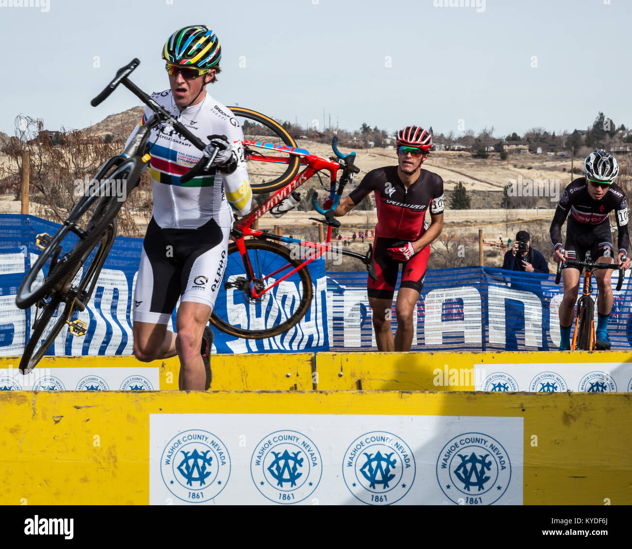 Reno, Nevada, USA. 14th Jan, 2018. GAGE HECHT (l) bib 102, charges ahead of CHRISTOPHER BLEVINS (c) bib 109, and ERIC BRUNNER, (r), bib 106, during the Men's U23 USA Cycling Cyclocross National Championships at Rancho San Rafael Park in Reno, Nevada, on Sunday, January 14, 2018.Blevins won the race in 52:38. Credit: Tracy Barbutes/ZUMA Wire/Alamy Live News Stock Photo