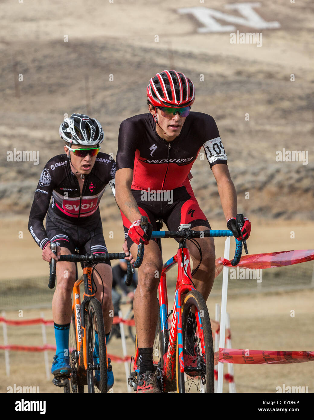Reno, Nevada, USA. 14th Jan, 2018. CHRISTOPHER BLEVINS holds a tight lead over ERIC BRUNNER during the Men's U23 USA Cycling Cyclocross National Championships at Rancho San Rafael Park in Reno, Nevada, on Sunday, January 14, 2018. Blevins and Brunner exchanged leads throughout the race, with Blevins taking victory in 52:38, six seconds in front of Brunner. Credit: Tracy Barbutes/ZUMA Wire/Alamy Live News Stock Photo