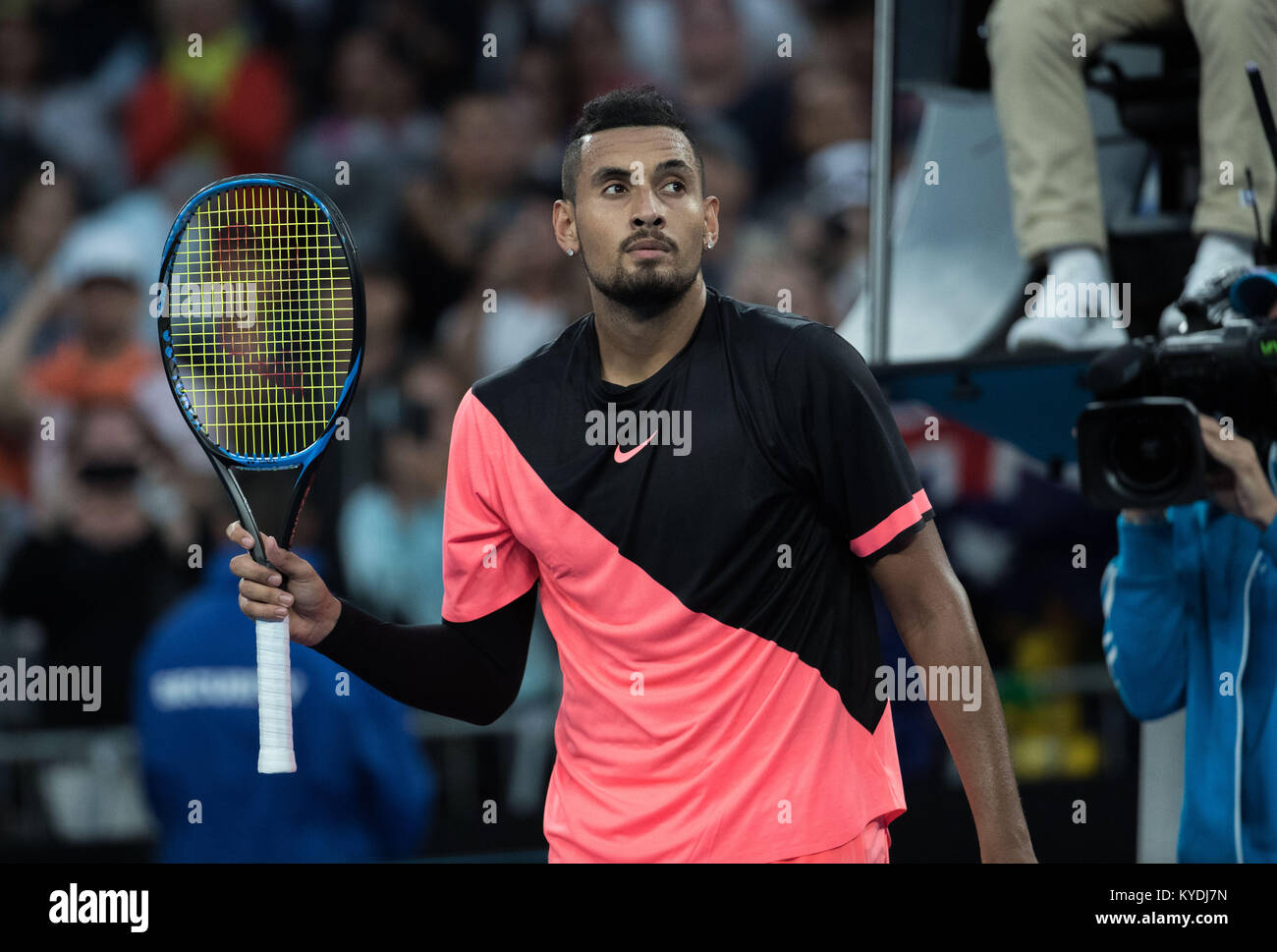 Melbourne, Australia. 15th Jan, 2018. Nick Kyrgios of Australia greets the audiences after the men's singles first round match against Rogerio Dutra Silva of Brazil at Australian Open 2018 in Melbourne, Australia, Jan. 15, 2018. Credit: Zhu Hongye/Xinhua/Alamy Live News Stock Photo