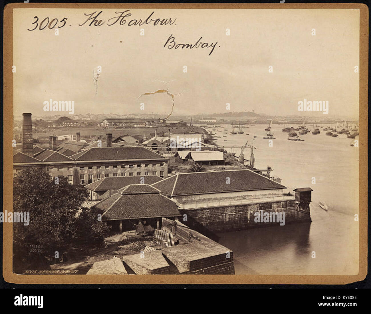 A historical photograph of the harbor in Bombay (now Mumbai) by Francis Frith, showcasing the city's port and maritime activity in the 19th century. Stock Photo