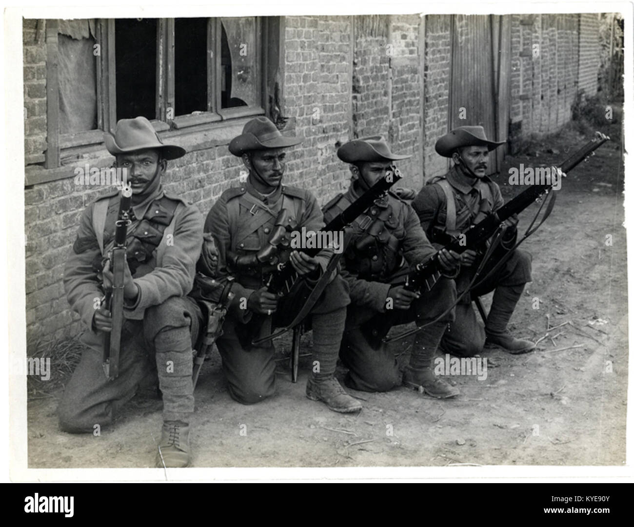 A historical photograph showing Garhwal riflemen, Indian soldiers from ...