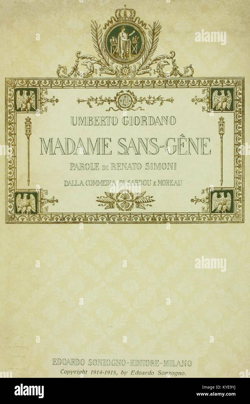 Libretto titlepage of Umberto Giordano's opera 'Madame Sans-Gêne', created in Milan in 1914, a key work in Italian opera history. Stock Photo