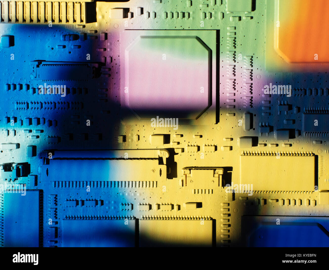 Close-up of a circuit board in colorful light Stock Photo