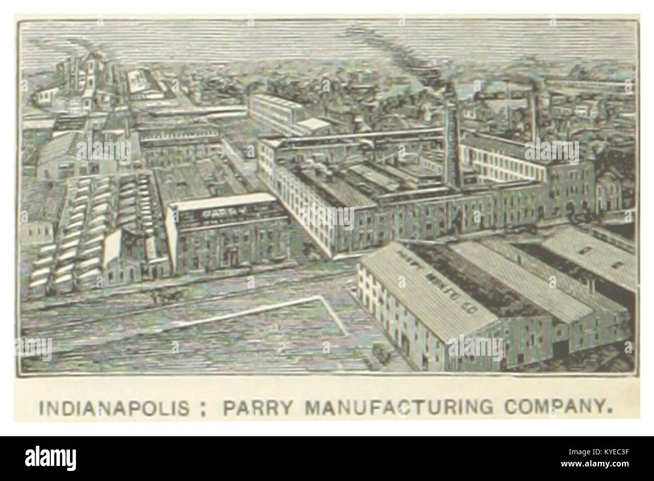 An 1891 document describing the Parry Manufacturing Company in Indianapolis, Indiana, detailing its industrial production and contribution to local manufacturing and economic growth. Stock Photo