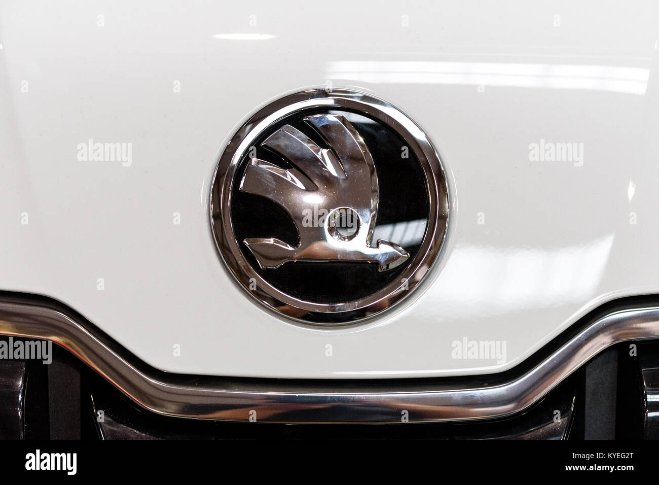 Krakow, Poland, May 21, 2017:  New Skoda Auto emblem on a car grill.  during annual  MotoShow in Krakow. Stock Photo