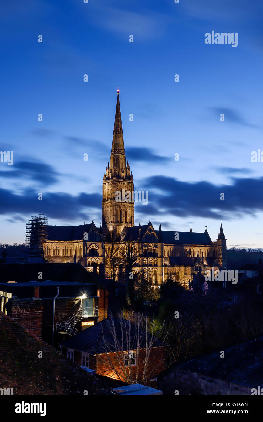 Salisbury Cathedral and rooftops at dusk in Salisbury city centre