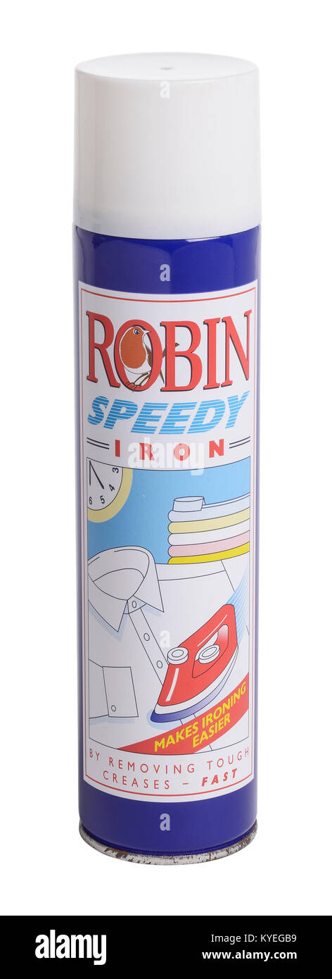 Aerosol can of Robin Speedy Iron fabric spray Stock Photo