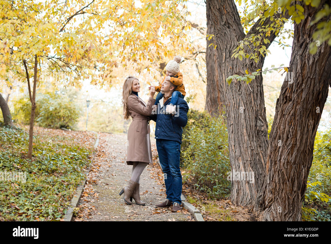 family to boys walk on autumn Woods Stock Photo - Alamy