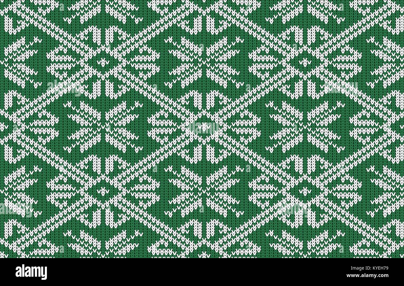 Norwegian knitted pattern with snowflakes in vintage green color. Woolen seamless knitted pattern Stock Vector