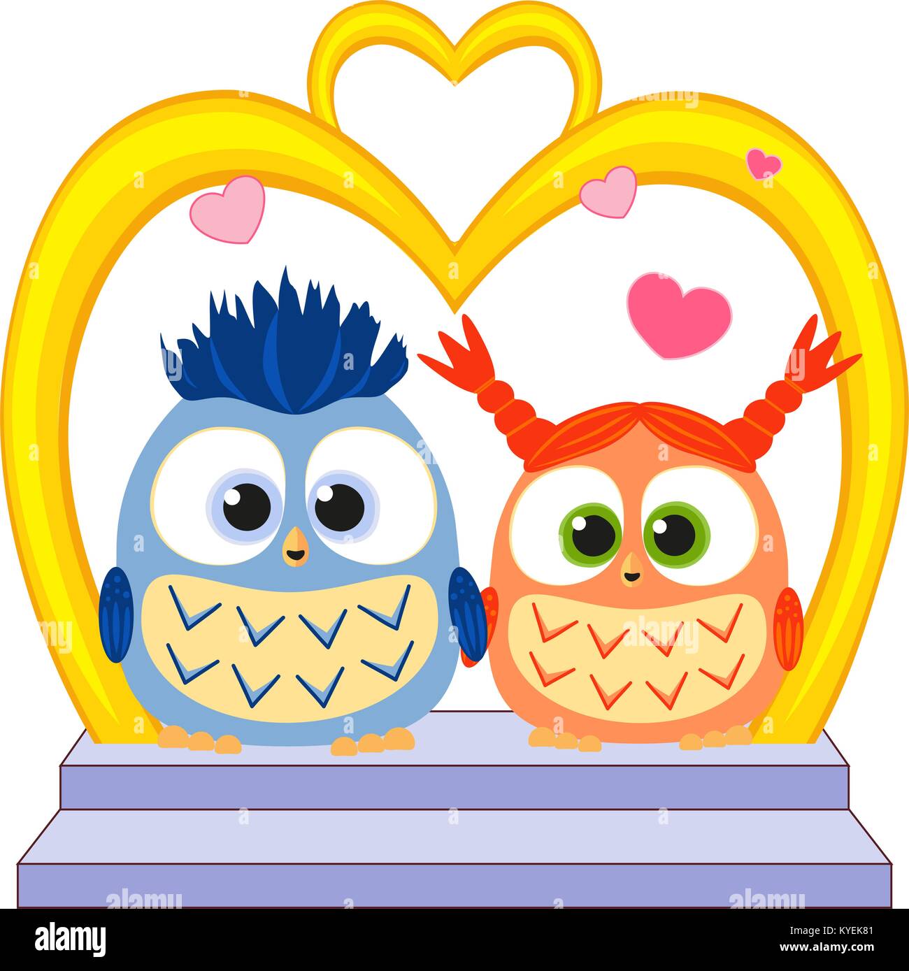 Cute baby owl in love wedding poster, heart, arc, stair Stock Vector