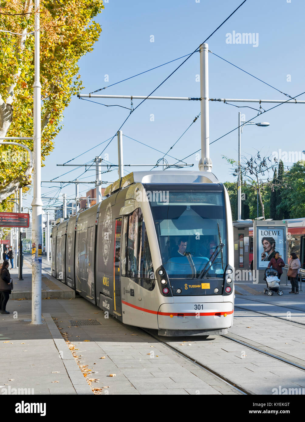 SEVILLE SPAIN TRAM AND AUTUMNAL TREES Stock Photo