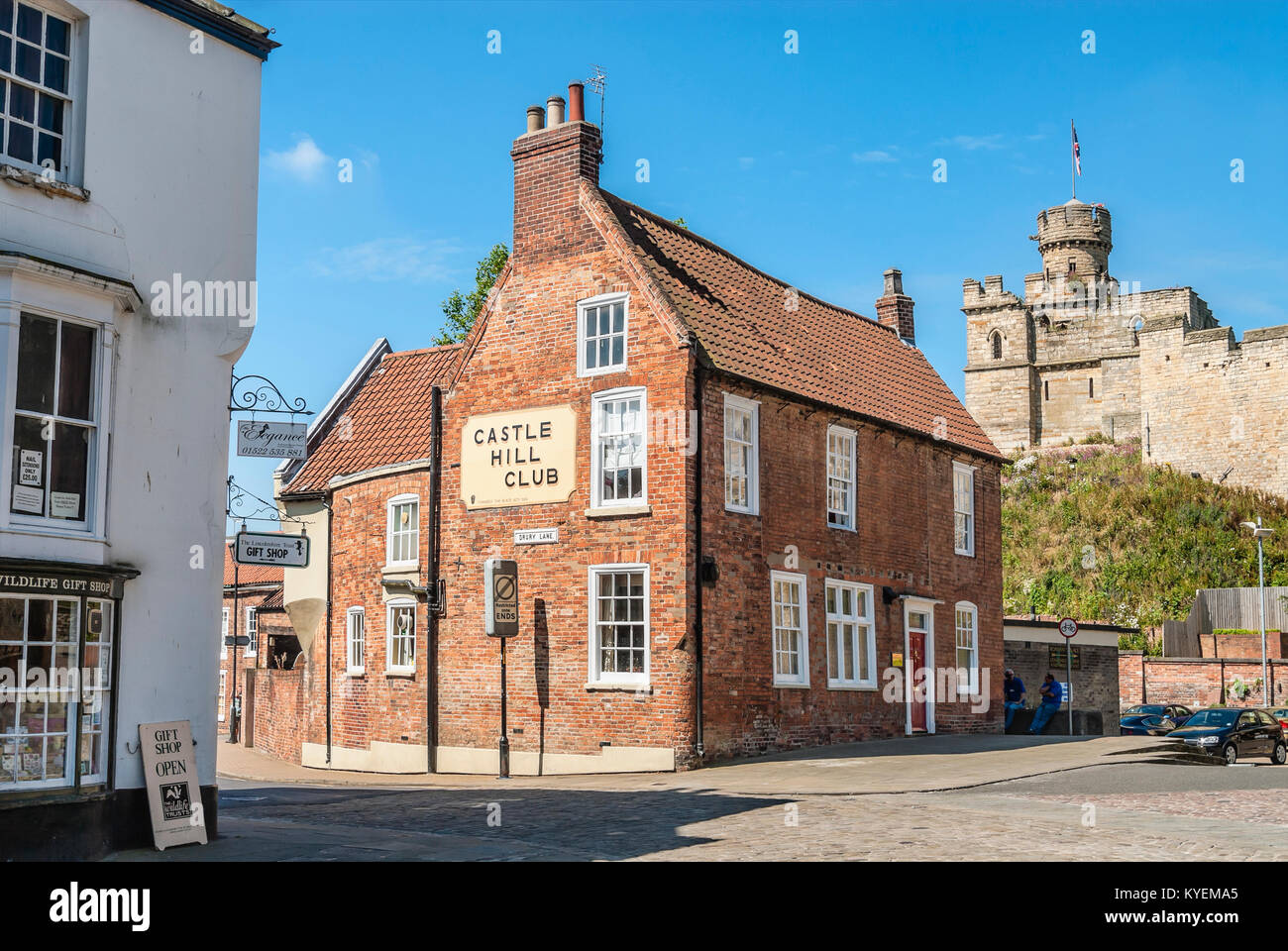 Castle Hill Club in front of the Lincoln Castle in Lincolnshire, England Stock Photo