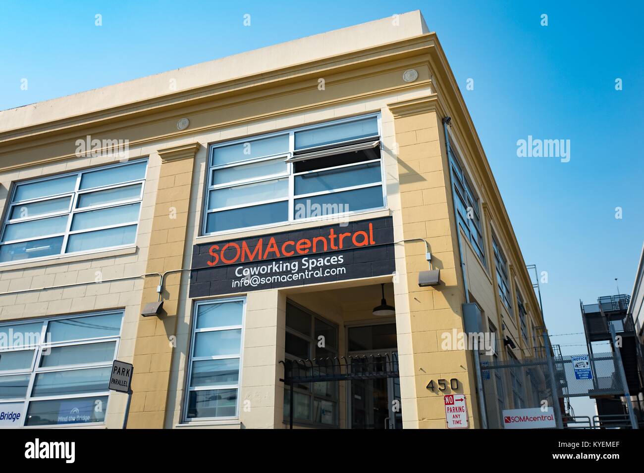 Sign for the SOMACentral co-working space in the South of Market (SoMa) neighborhood of San Francisco, California, October 13, 2017. SoMa is known for having one of the highest concentrations of technology companies and startups of any region worldwide. () Stock Photo