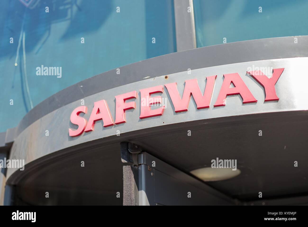 Sign above door for Safeway supermarket in the South of Market (SoMa) neighborhood of San Francisco, California, October 13, 2017. () Stock Photo