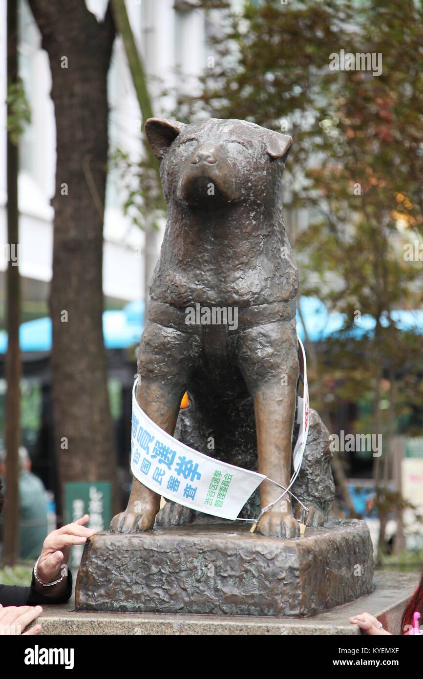 Statue of Hachiko outside Shibuya station in Tokyo, Japan, an Akita dog who is remembered for waiting for his owner at the station each day for many years after the man's death, becoming a symbol for the Japanese ideals of loyalty and persistence, October 13, 2017. () Stock Photo