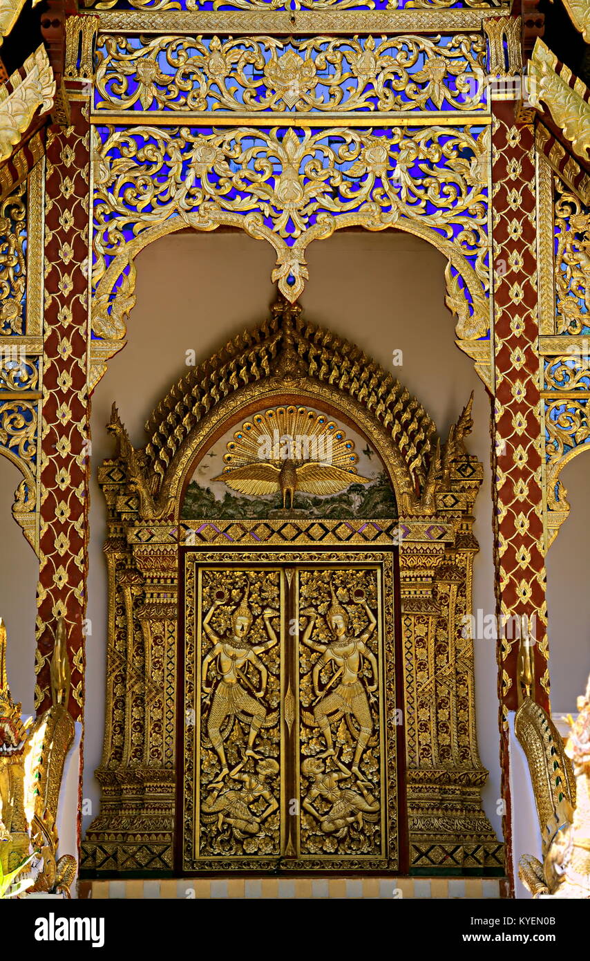 Amazing and colorful detail of a pagoda in Wat Phra That Doi Suthep (a Theravada wat), Chiang Mai, Thailand. Stock Photo