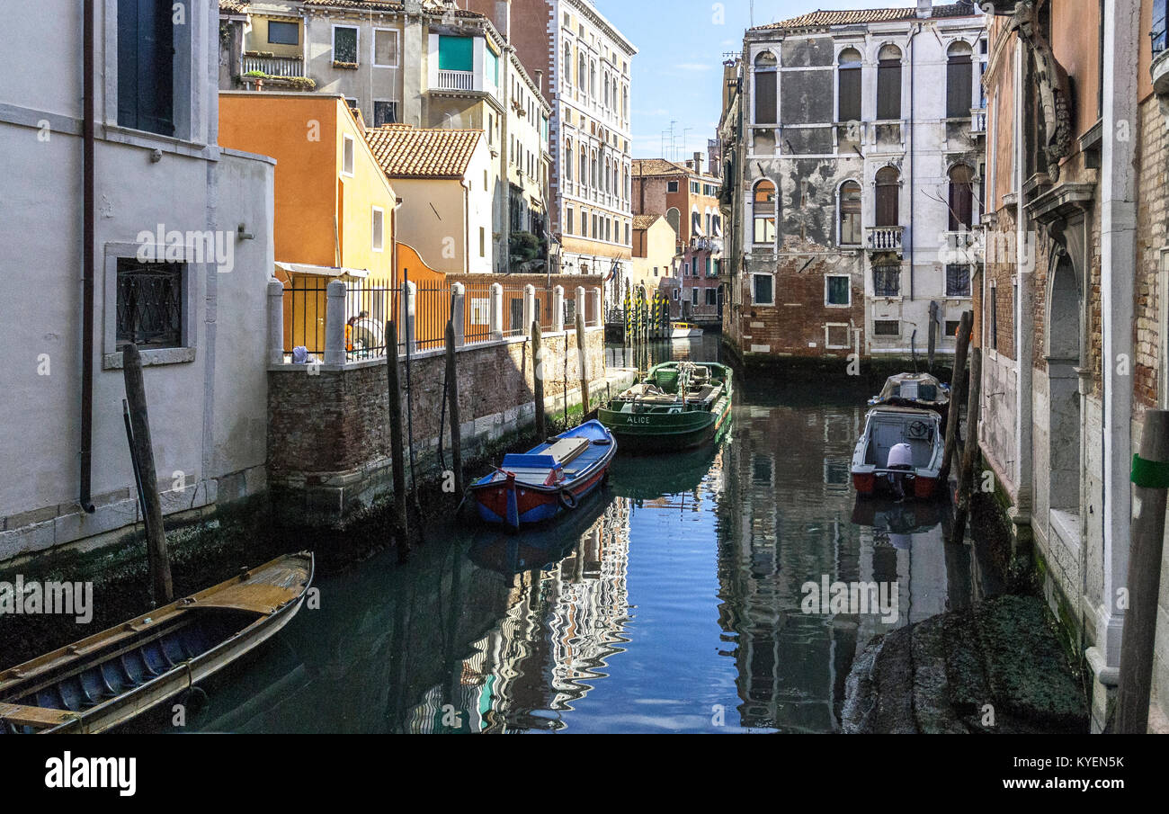 VENICE-MARCH 9: venetian canal with boats and classic buildings,Venice,Italy,on March 9,2017. Stock Photo