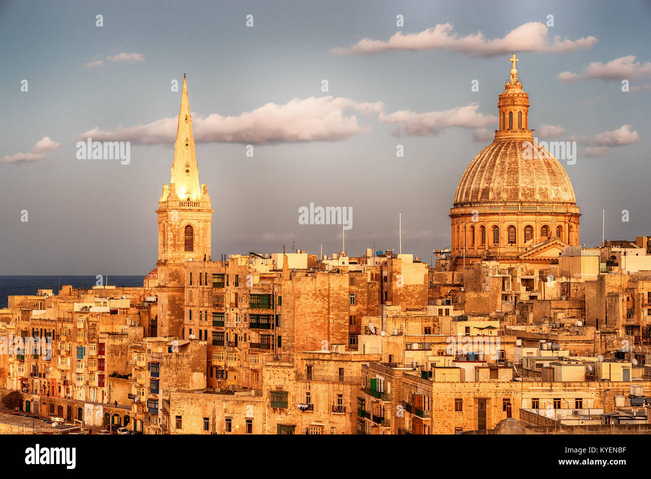 Valletta, Malta: aerial view from city walls at sunset. The cathedral Stock Photo