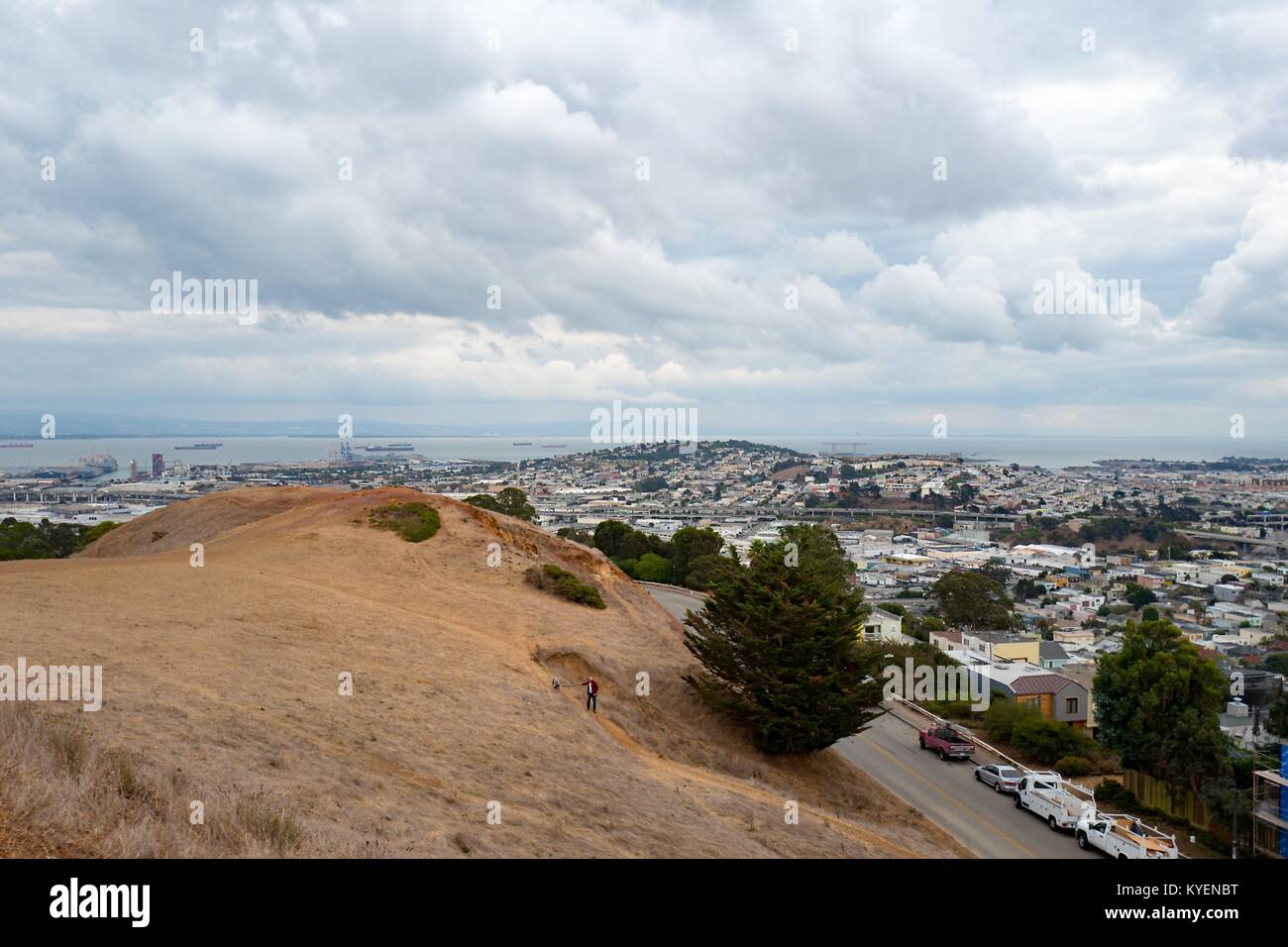 View of Bernal Heights Park, as well as aerial views of the Dogpatch, Hunters Point and Mission Bay neighborhoods of San Francisco, California on an overcast day, November 3, 2017. () Stock Photo