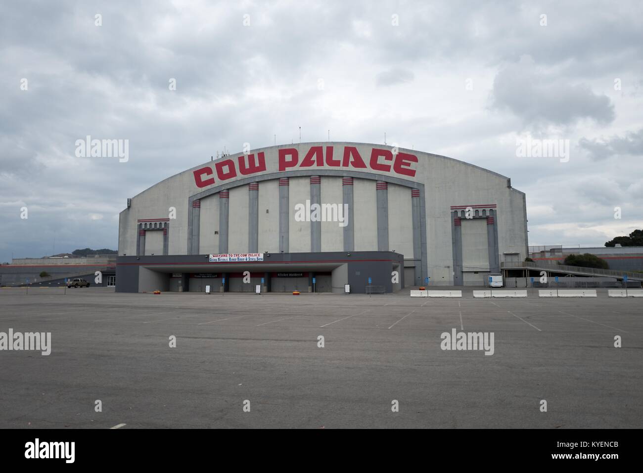 Facade of the Cow Palace on an overcast day, a sports and entertainment arena known for hosting