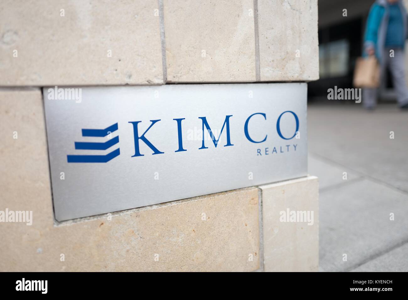 Close-up of sign for Kimco Realty, a real estate investment trust which is among the largest publicly-traded operators of open-air shopping malls, in the San Francisco Bay Area town of Daly City, California, November 3, 2017. () Stock Photo