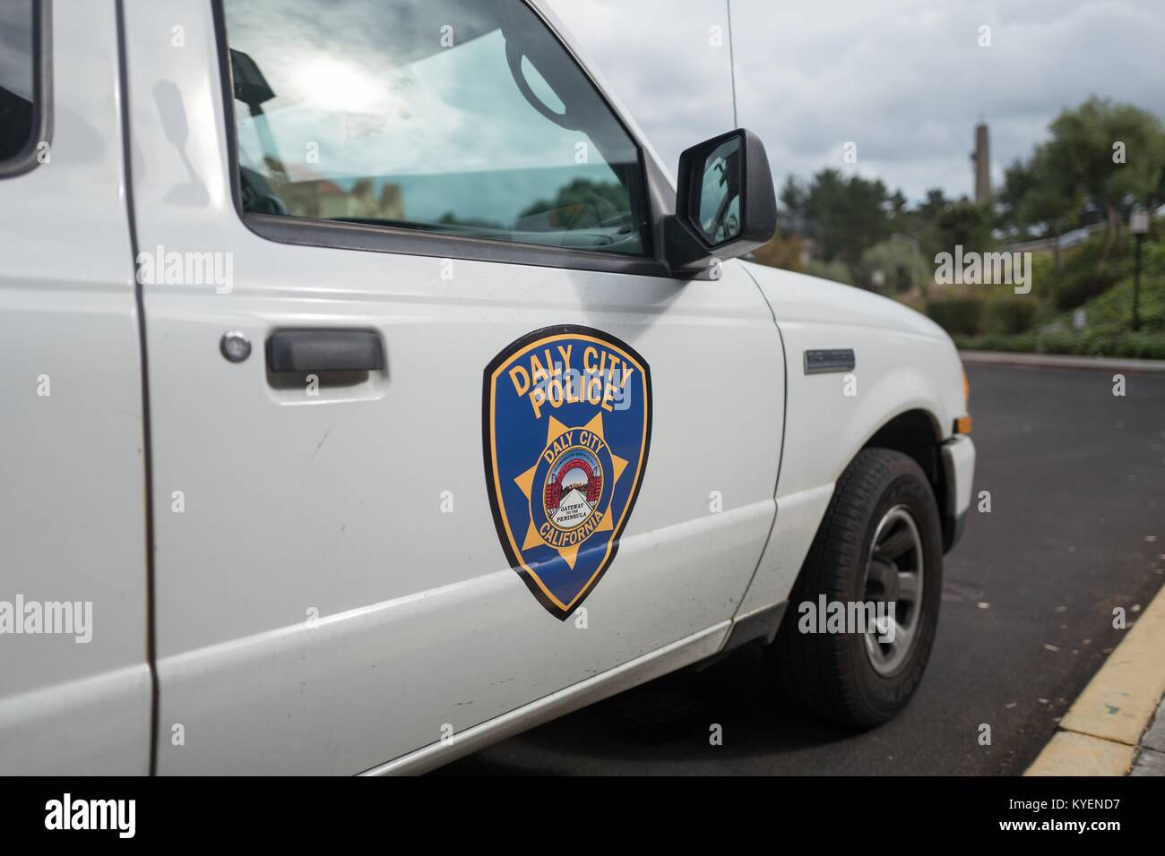 Logo for the Daly City Police on the side of a police vehicle parked at city hall in the San Francisco Bay Area town of Daly City, California, November 3, 2017. () Stock Photo
