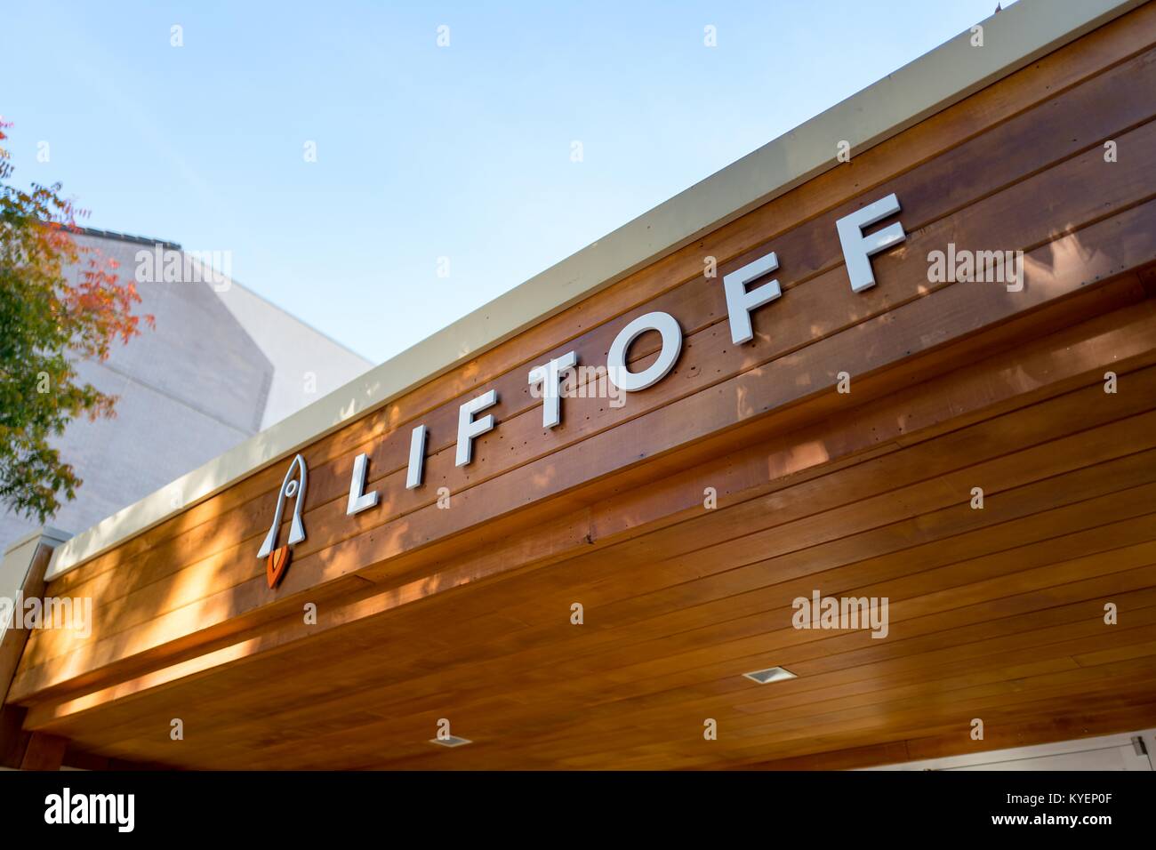 Facade with sign and logo at headquarters of mobile app company Liftoff in Silicon Valley, Palo Alto, California, November 14, 2017. () Stock Photo