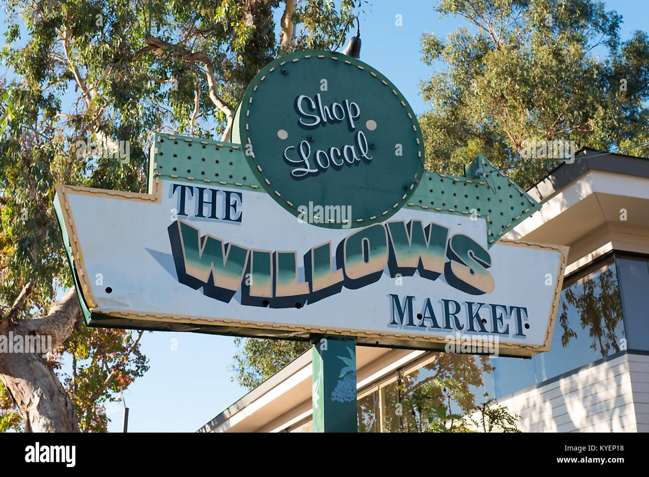 Handpainted sign for Willows Market, an iconic local grocery store on