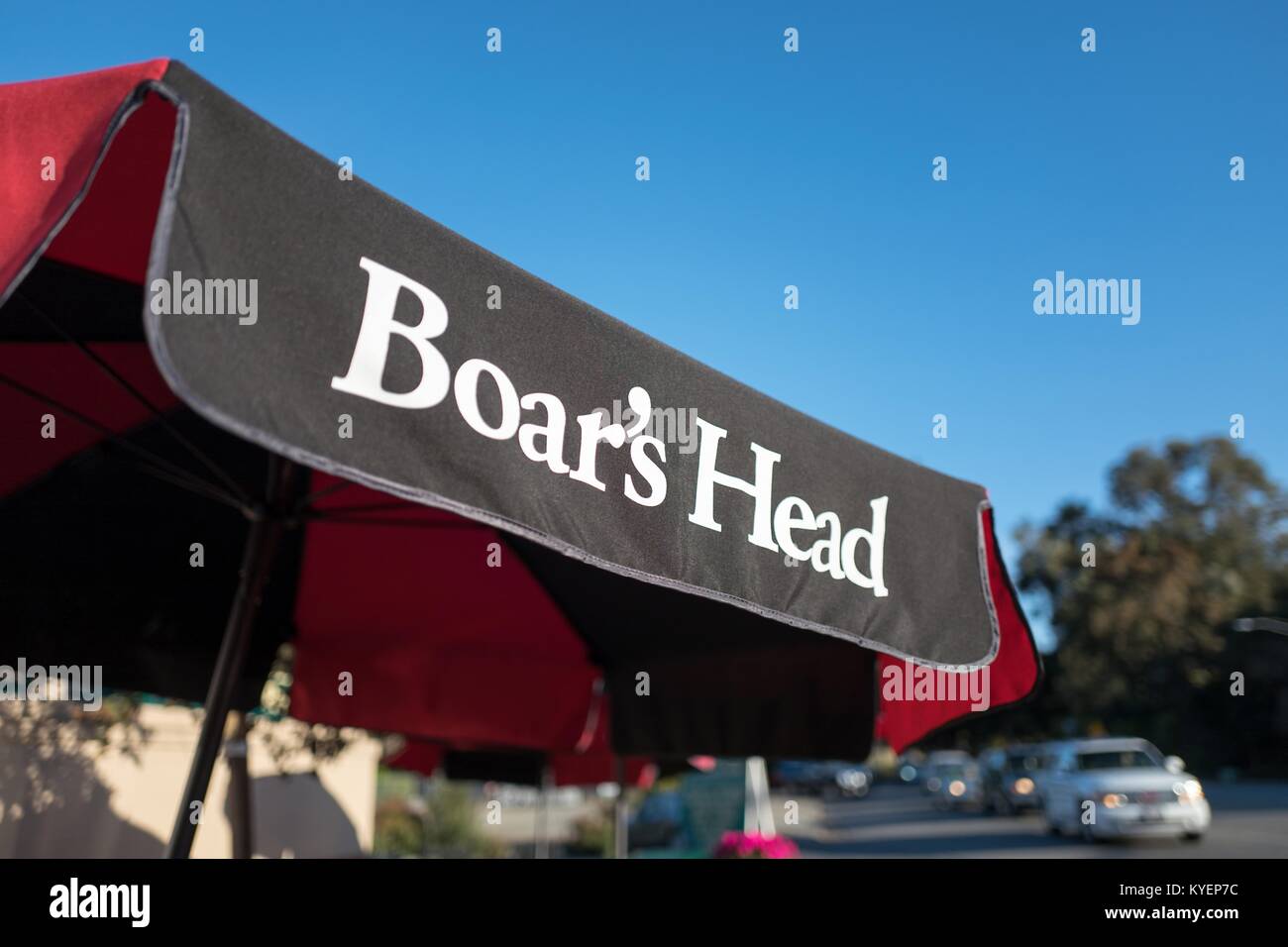 Close-up of red and black umbrella with logo for gourmet meat company Boar's Head, in Silicon Valley, Menlo Park, California, November 14, 2017. () Stock Photo