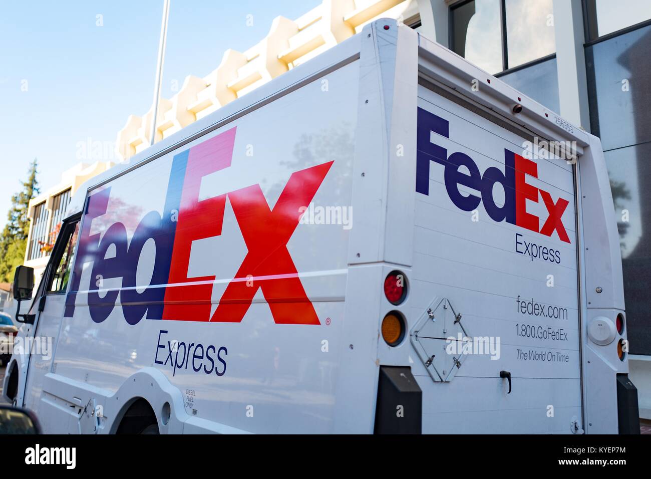 Close-up of FedEx (Federal Express) delivery truck in downtown Palo Alto, California, in the Silicon Valley, November 14, 2017. () Stock Photo