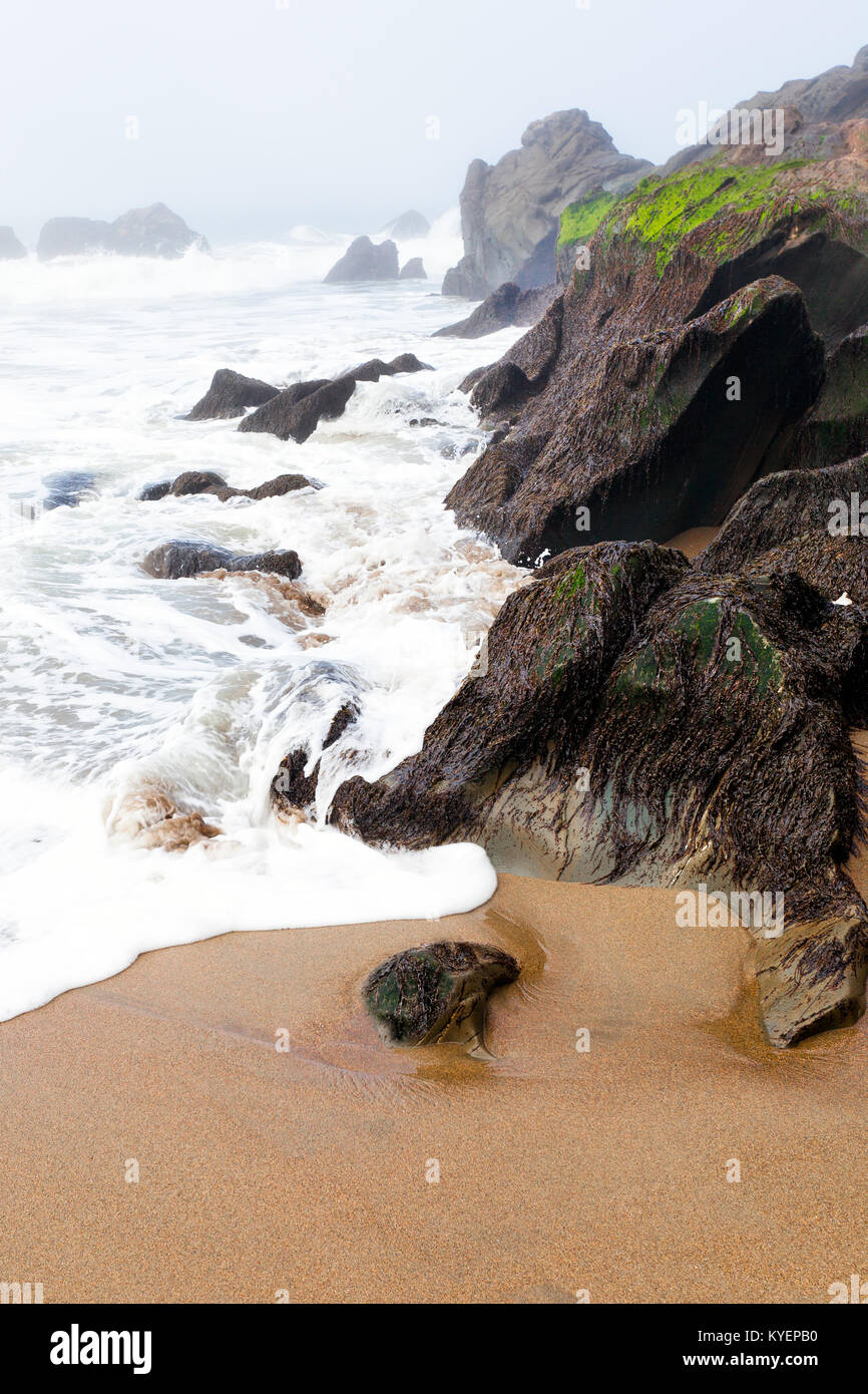 San Francisco beach on a misty day. Waves, sand and boulders. Location: Baker Beach. The Golden Gate Bridge, usually visible, is lost in fog. Vertical Stock Photo