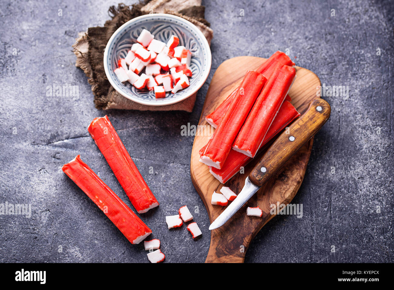 Crab sticks surimi and knife Stock Photo