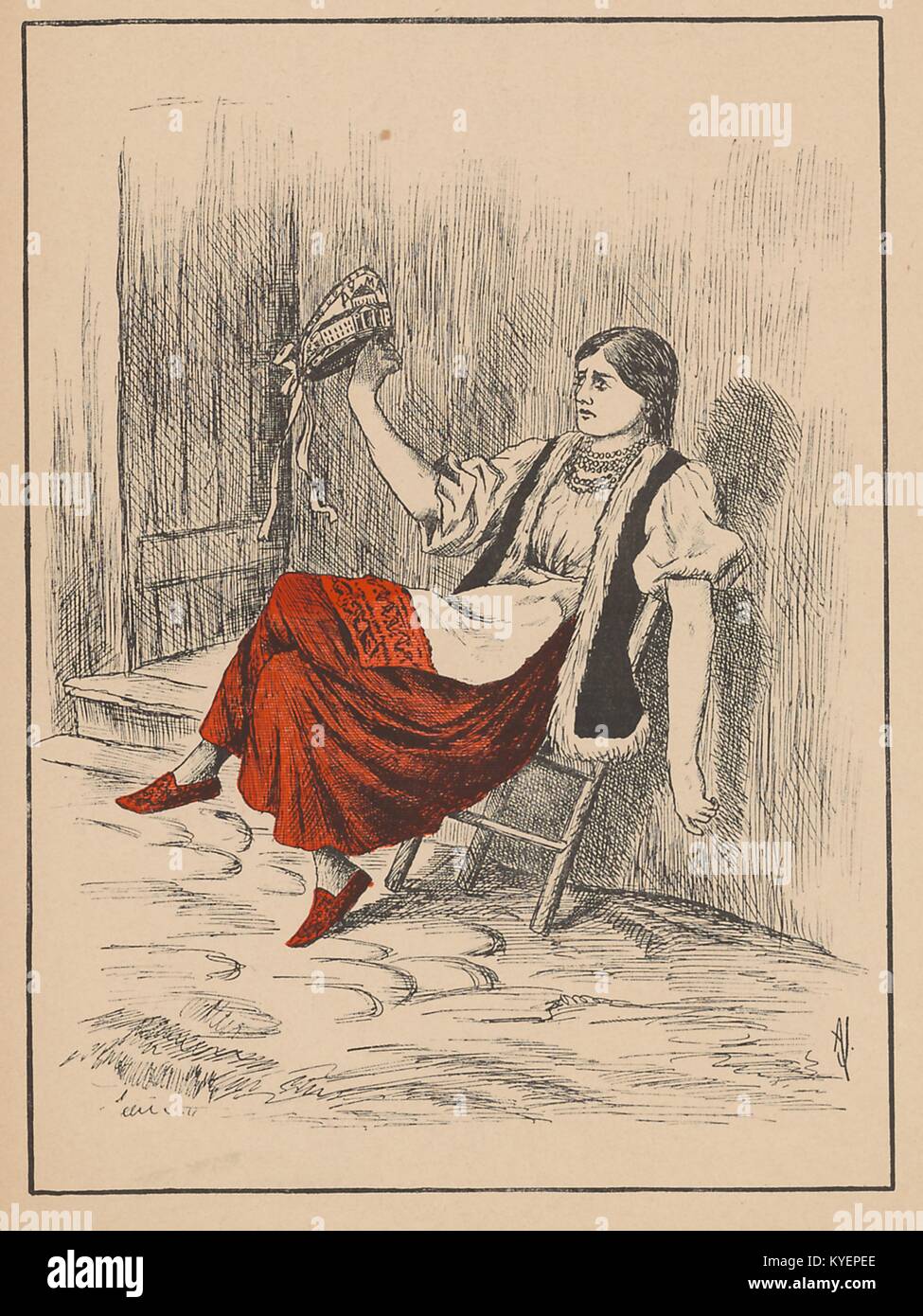 Illustration from the satirical Russian journal Ovod (Gadfly) depicting a young woman wearing a sarafan, a traditional Russian dress, leaning back in a chair in front of a house and looking in sadness at a kokoshnik, a traditional Russian headdress, in her hand; The headdress has a building drawn on it accompanied by the word 'Duma', referring to a Russian legislative house in the early 1900s, 1906. () Stock Photo