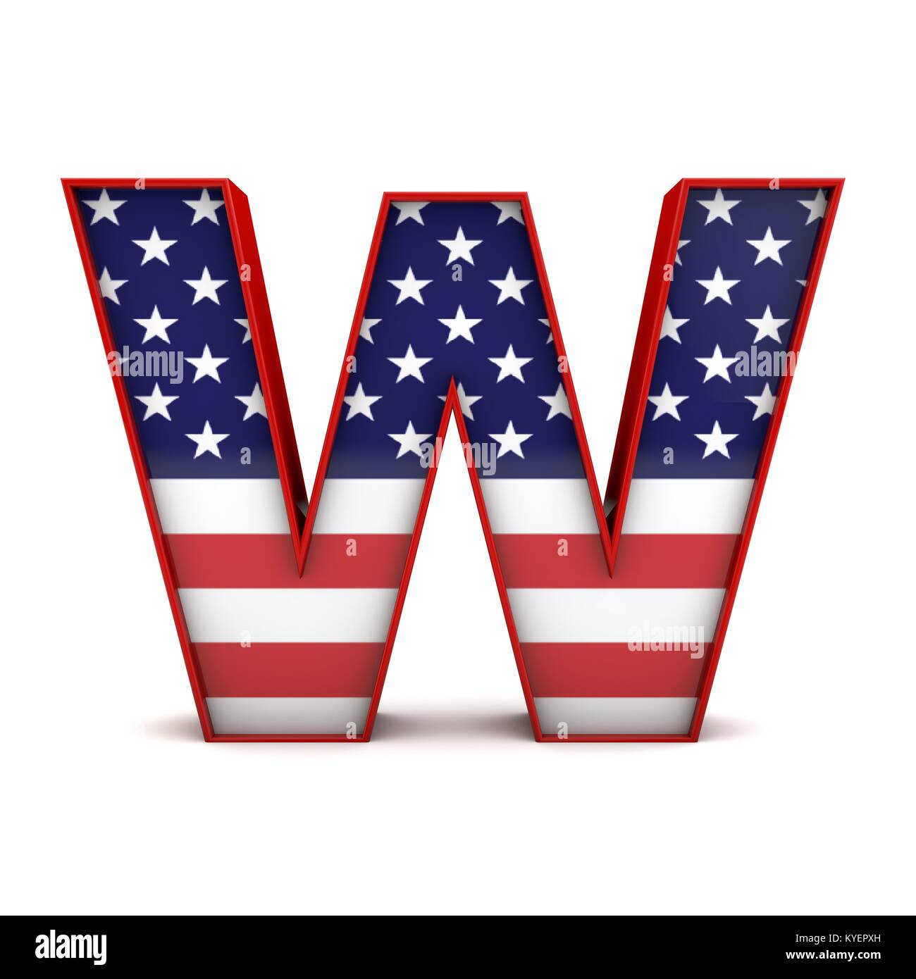 Letter W stars and stripes american flag lettering font. 3D Rendering Stock Photo