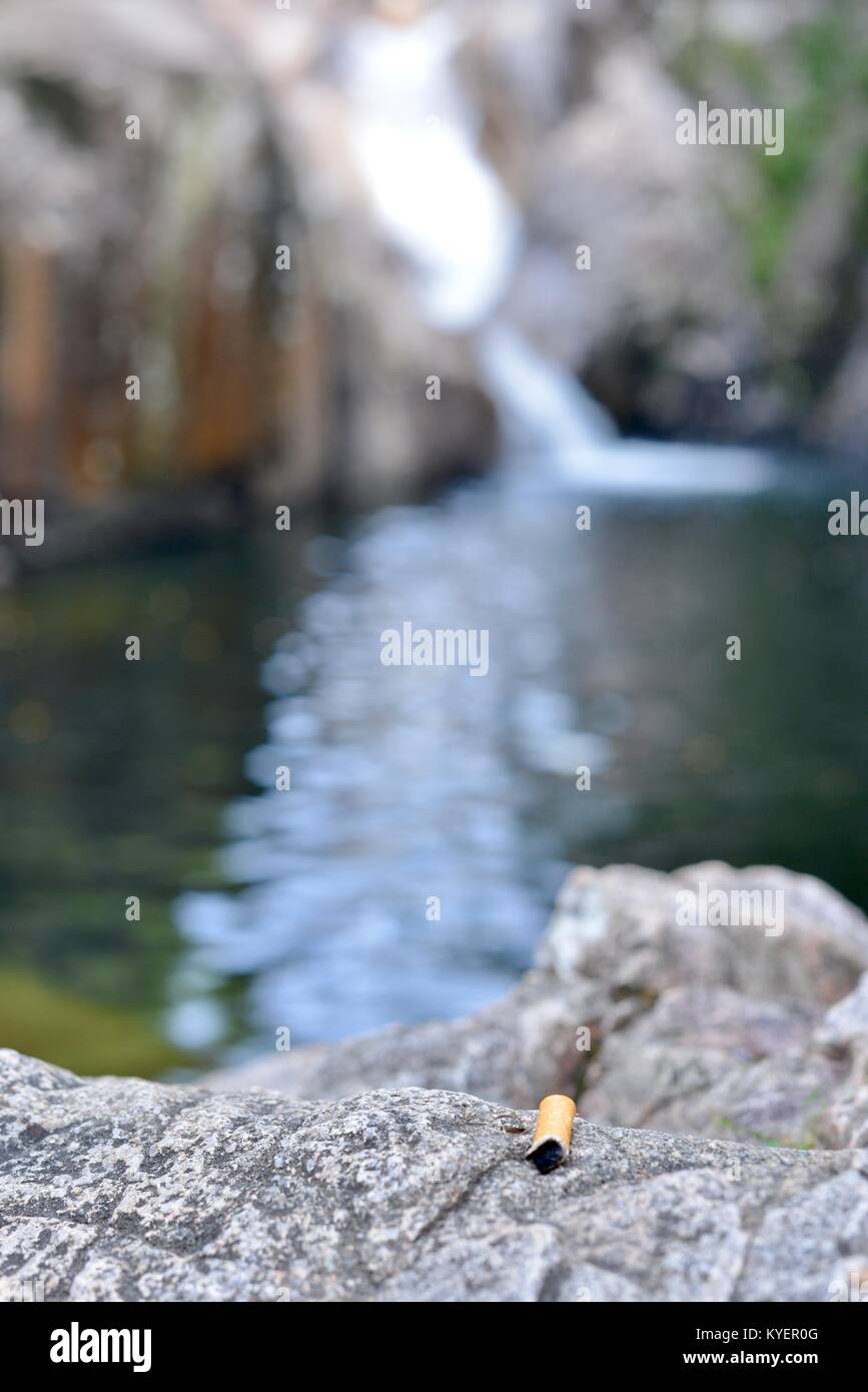 A cigarette butt left at Araluen cascades, a beautiful waterfall and  swimming hole, Finch Hatton Gorge, Queensland, Australia Stock Photo