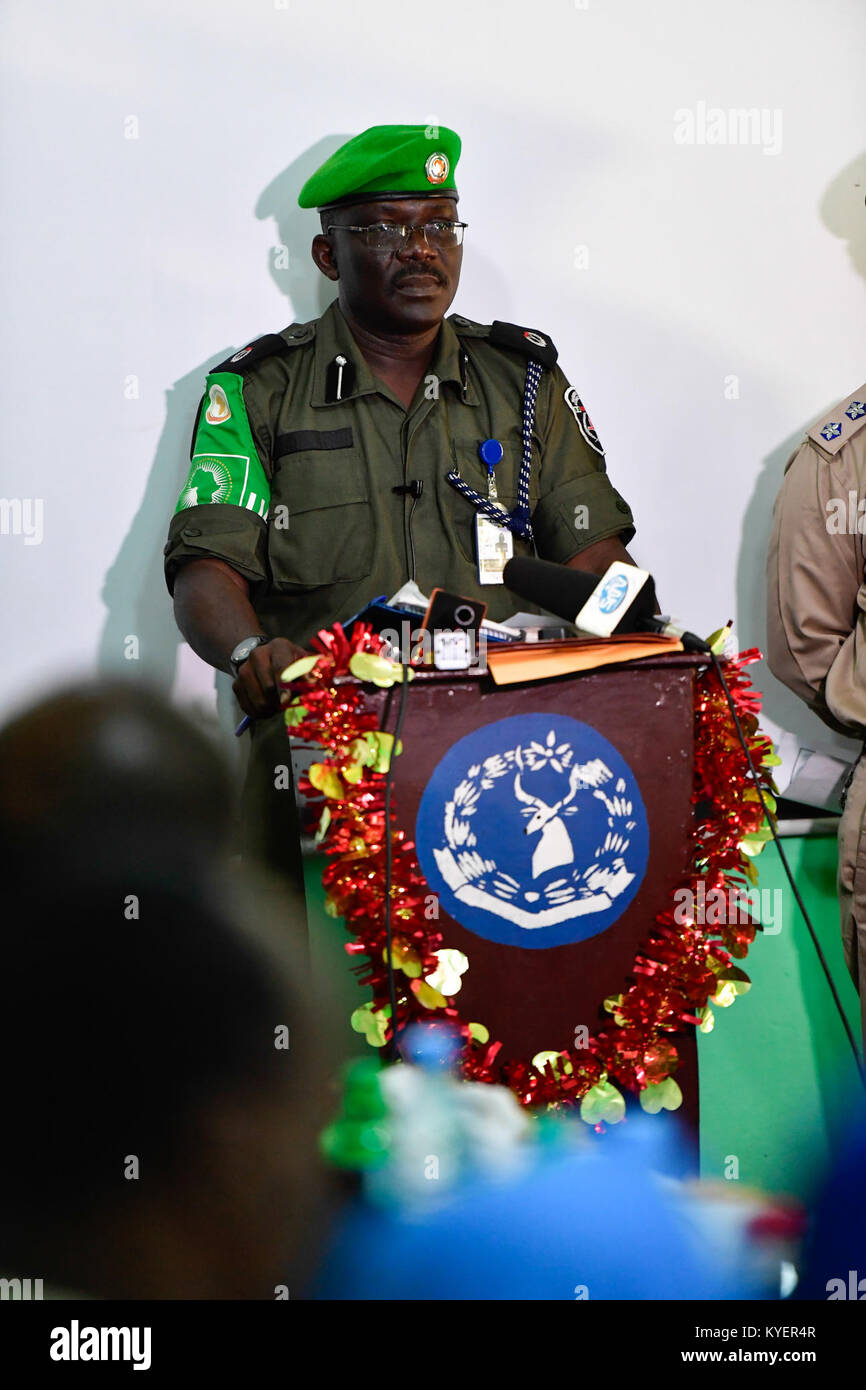 AMISOM Police Operations Co-ordinator, Assistant Commissioner of Police, Daniel Ali Gwambal speaking at the joint closing ceremony of the Women and Child Protection and Basic Counter Insurgency training courses in Mogadishu on Thursday, August 31 2017. AMISOM Photo/ Atulinda Allan Stock Photo